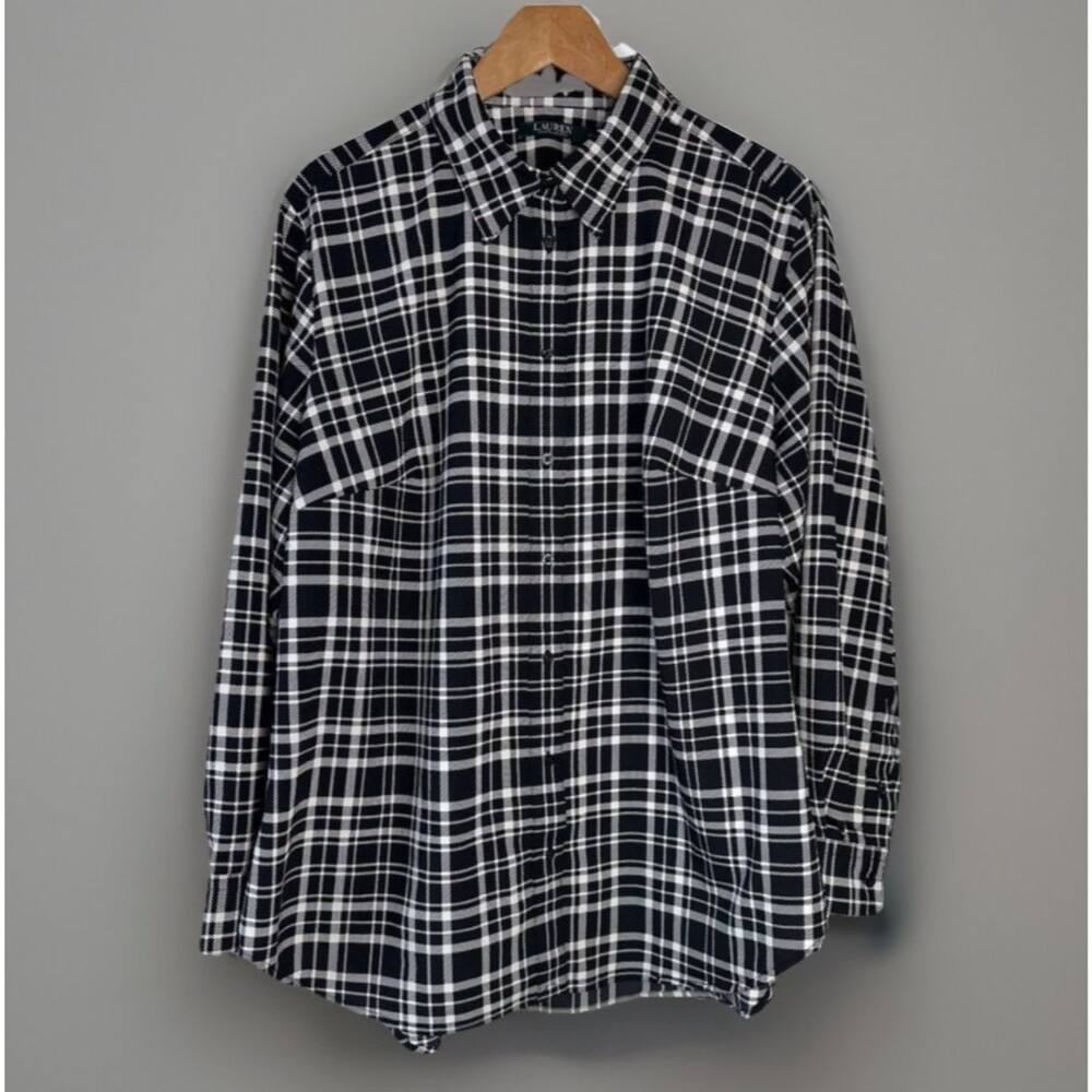 lauren ralph lauren women's black white plaid button up shirt 2x preppy classic